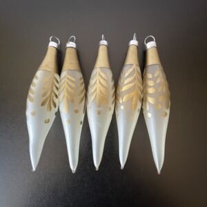 Vtg Pyramid Rauch Christmas Ornaments Frosted Glass Gold Icicle Tear Drop‎ Lot 5
